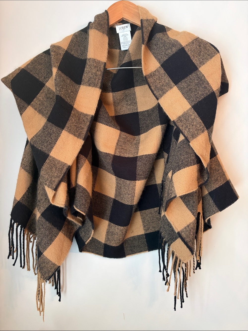J. Crew Black and Camel Plaid Fringe Cape Shawl